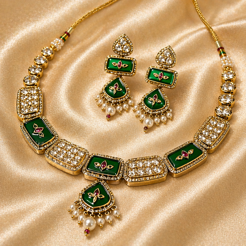 Green Kundan Polki Necklace Set
