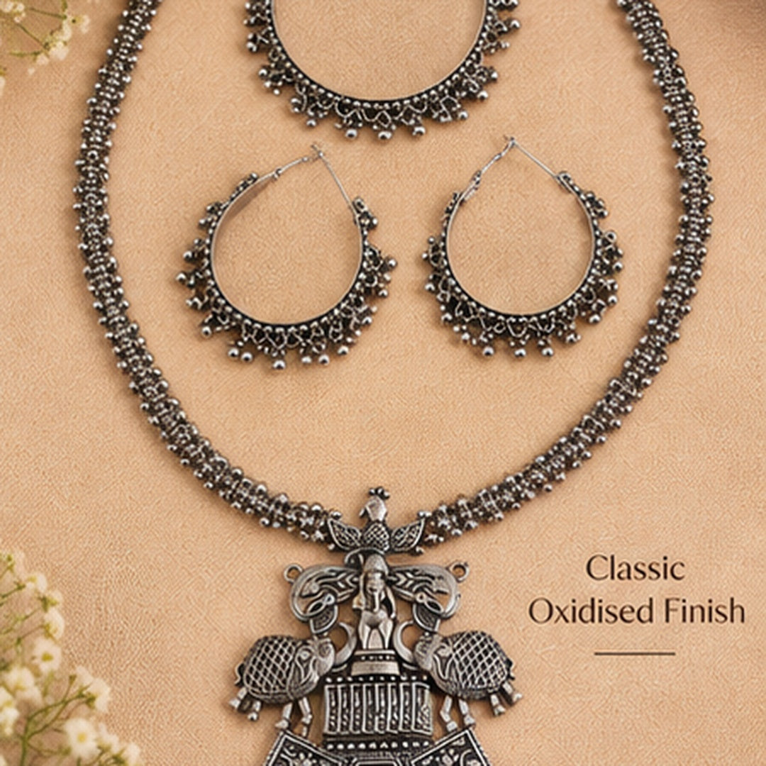 SOVAR Oxidised Silver Tribal Peacock Necklace & Earrings Set for Women | Traditional Ethnic Jewellery