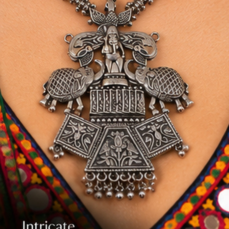 SOVAR Oxidised Silver Tribal Peacock Necklace & Earrings Set for Women | Traditional Ethnic Jewellery