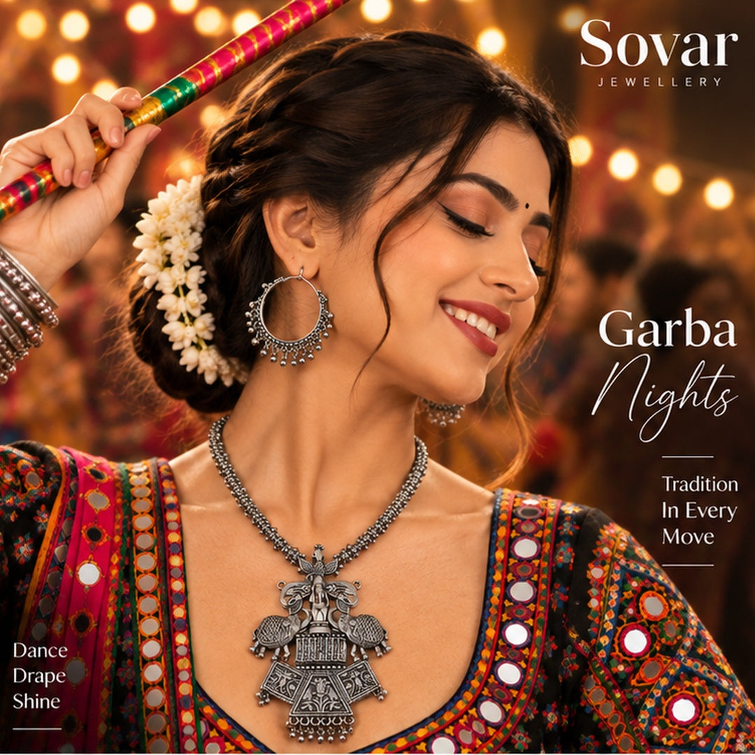 SOVAR Oxidised Silver Tribal Peacock Necklace & Earrings Set for Women | Traditional Ethnic Jewellery