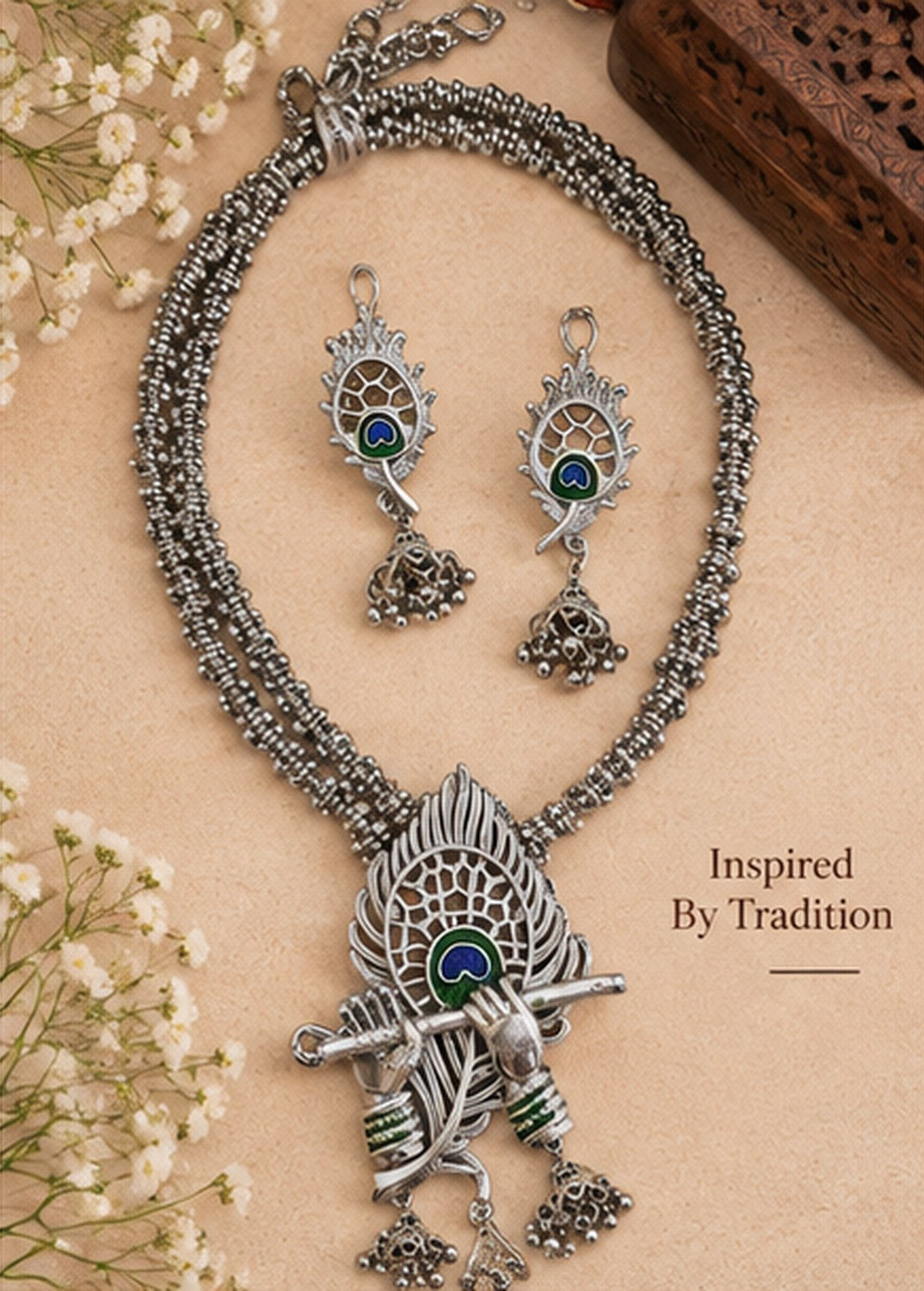 SOVAR Oxidised Silver Peacock Necklace & Earrings Set for Women | Traditional Ethnic Jewellery
