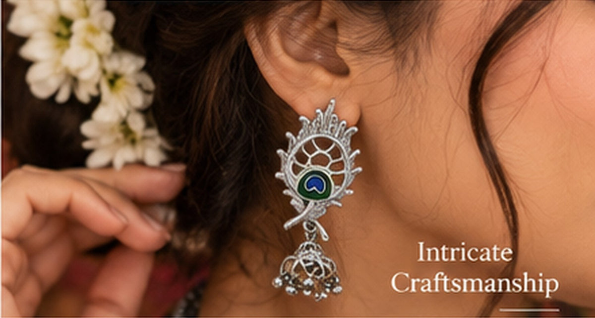 SOVAR Oxidised Silver Peacock Necklace & Earrings Set for Women | Traditional Ethnic Jewellery