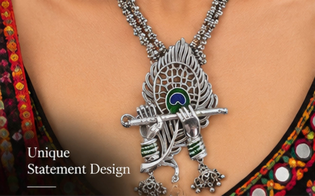 SOVAR Oxidised Silver Peacock Necklace & Earrings Set for Women | Traditional Ethnic Jewellery