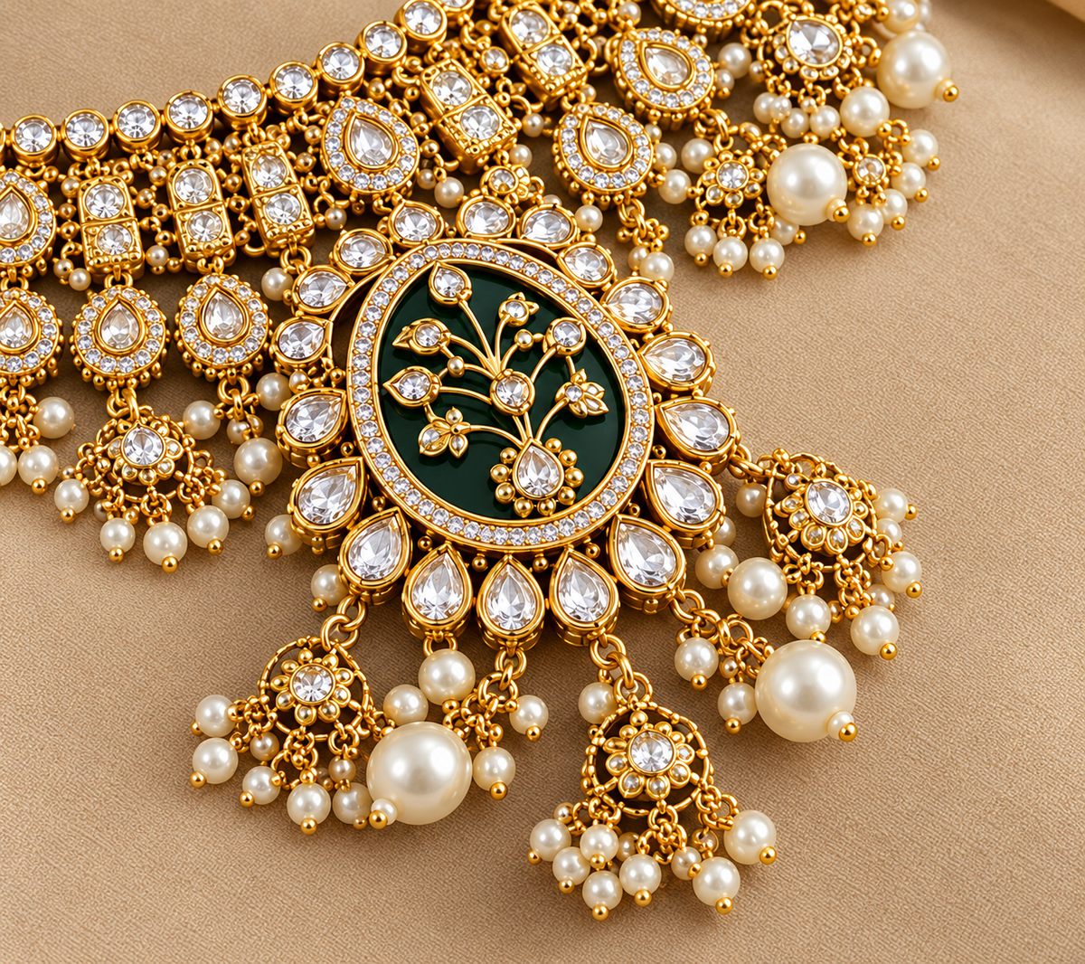 Close-up of a dark enamel floral pendant framed by clear teardrop stones, gold-tone charms and white pearl-style beads.