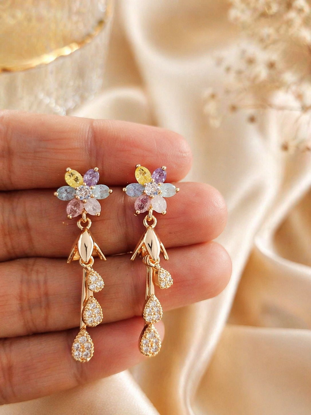 Gold-Plated Cubic Zirconia Dangle Earrings