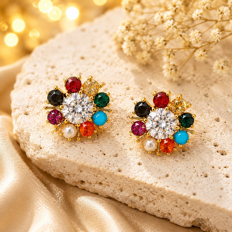 Gold Plated Pearl & Stone Floral Earrings