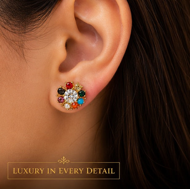 Gold Plated Pearl & Stone Floral Earrings