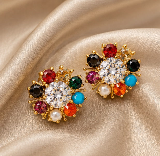 Gold Plated Pearl & Stone Floral Earrings