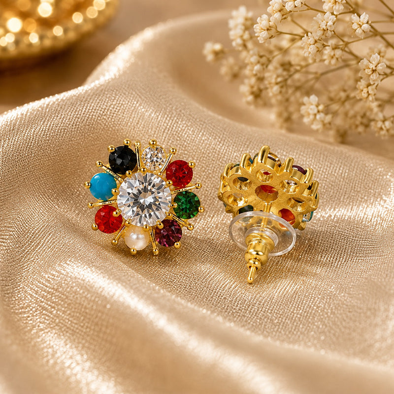 Gold Plated Pearl & Stone Floral Earrings
