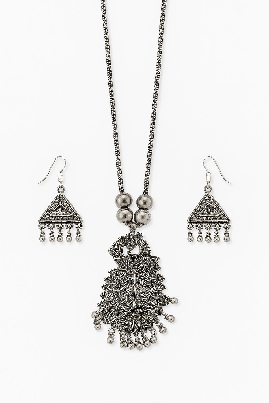 Sovar Oxidised Silver Peacock Necklace & Earrings Set for Women