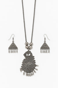 Sovar Oxidised Silver Peacock Necklace & Earrings Set for Women
