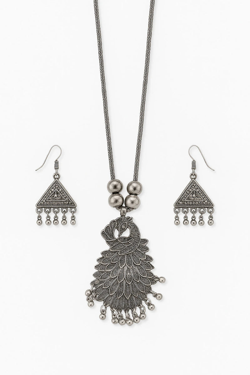 Sovar Oxidised Silver Peacock Necklace & Earrings Set for Women