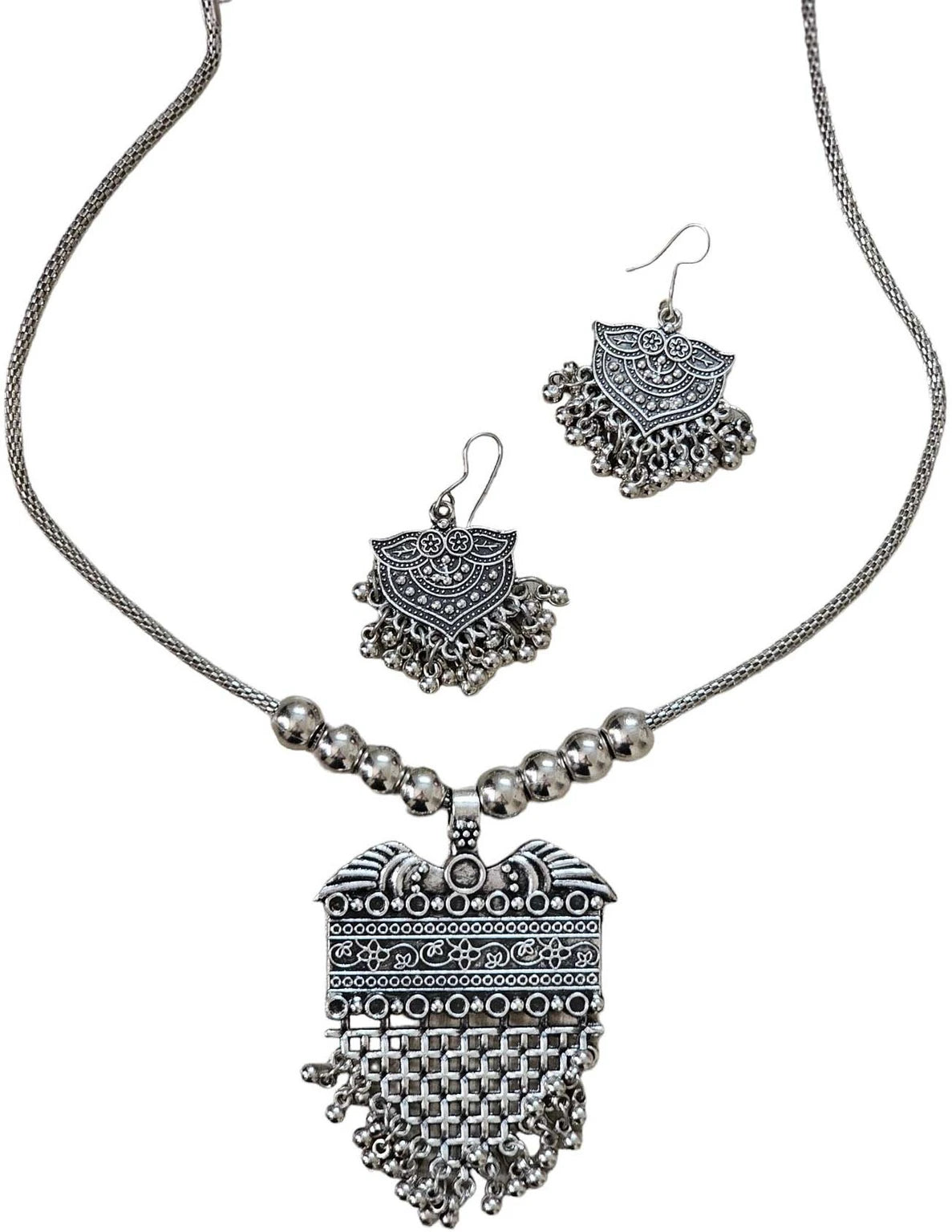 SOVAR Oxidised Silver Tribal Necklace & Earrings Set for Women | Traditional Ethnic Jewellery