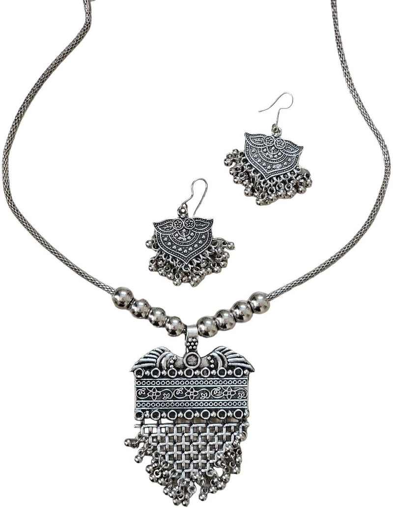 SOVAR Oxidised Silver Tribal Necklace & Earrings Set for Women | Traditional Ethnic Jewellery