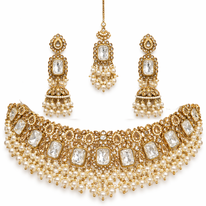 Emerald Green Kundan Necklace Set for Women