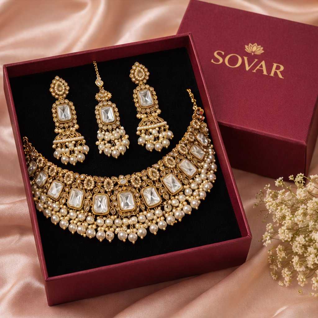 Emerald Green Kundan Necklace Set for Women