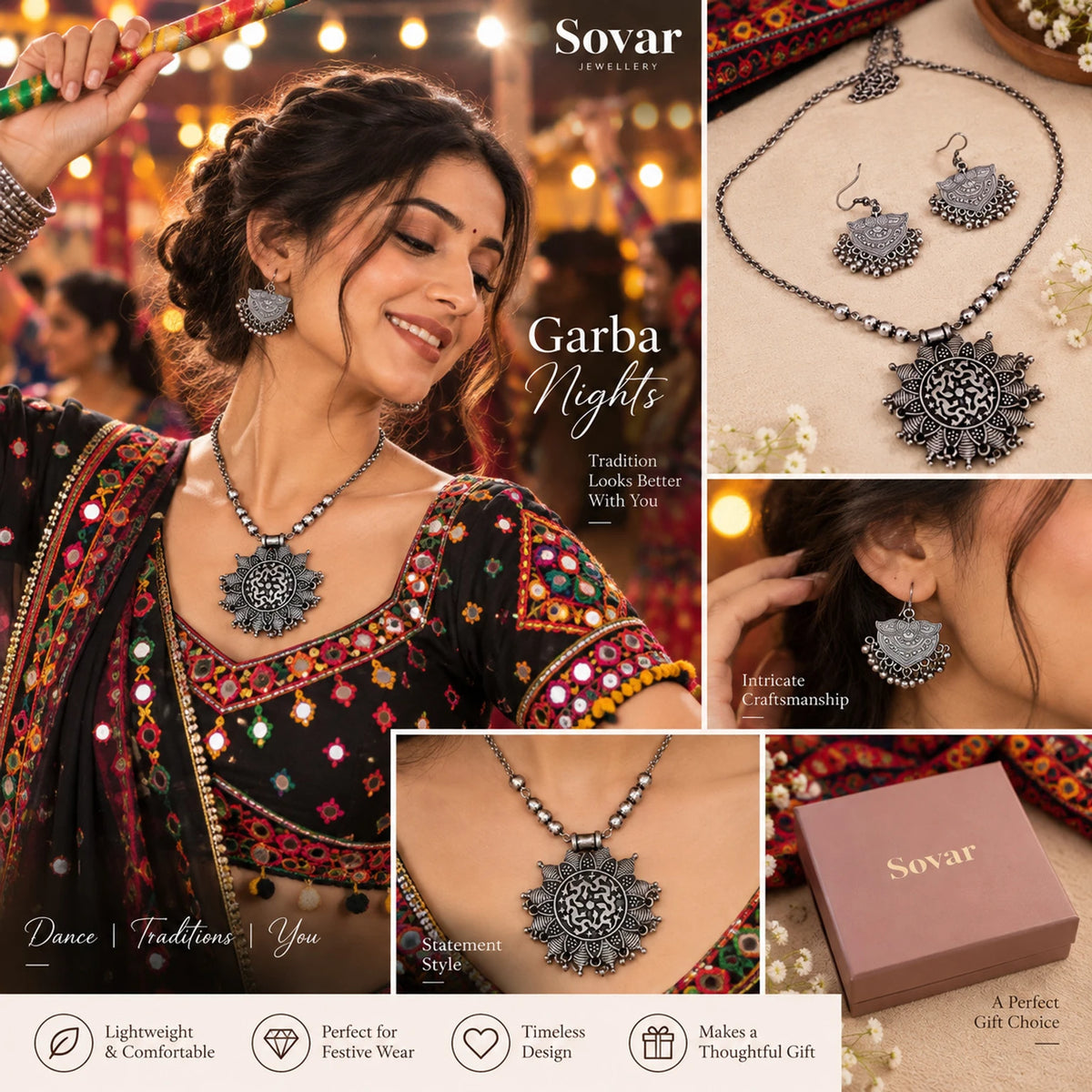 Sovar Oxidised Silver Necklace Set for Women with Matching Earrings