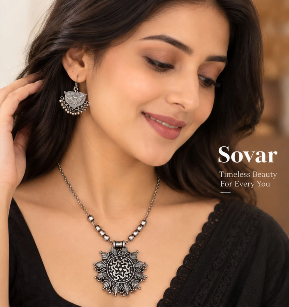 Sovar Oxidised Silver Necklace Set for Women with Matching Earrings
