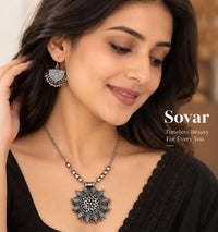 Sovar Oxidised Silver Necklace Set for Women with Matching Earrings