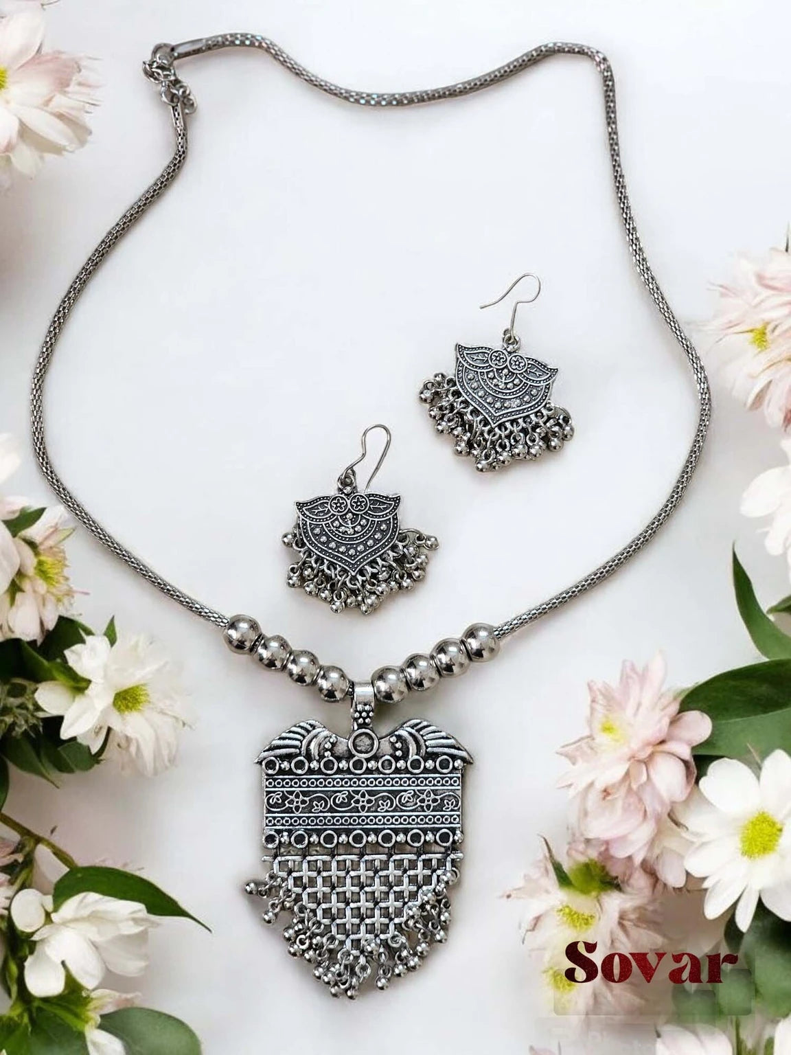 SOVAR Oxidised Silver Tribal Necklace & Earrings Set for Women | Traditional Ethnic Jewellery
