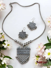 SOVAR Oxidised Silver Tribal Necklace & Earrings Set for Women | Traditional Ethnic Jewellery