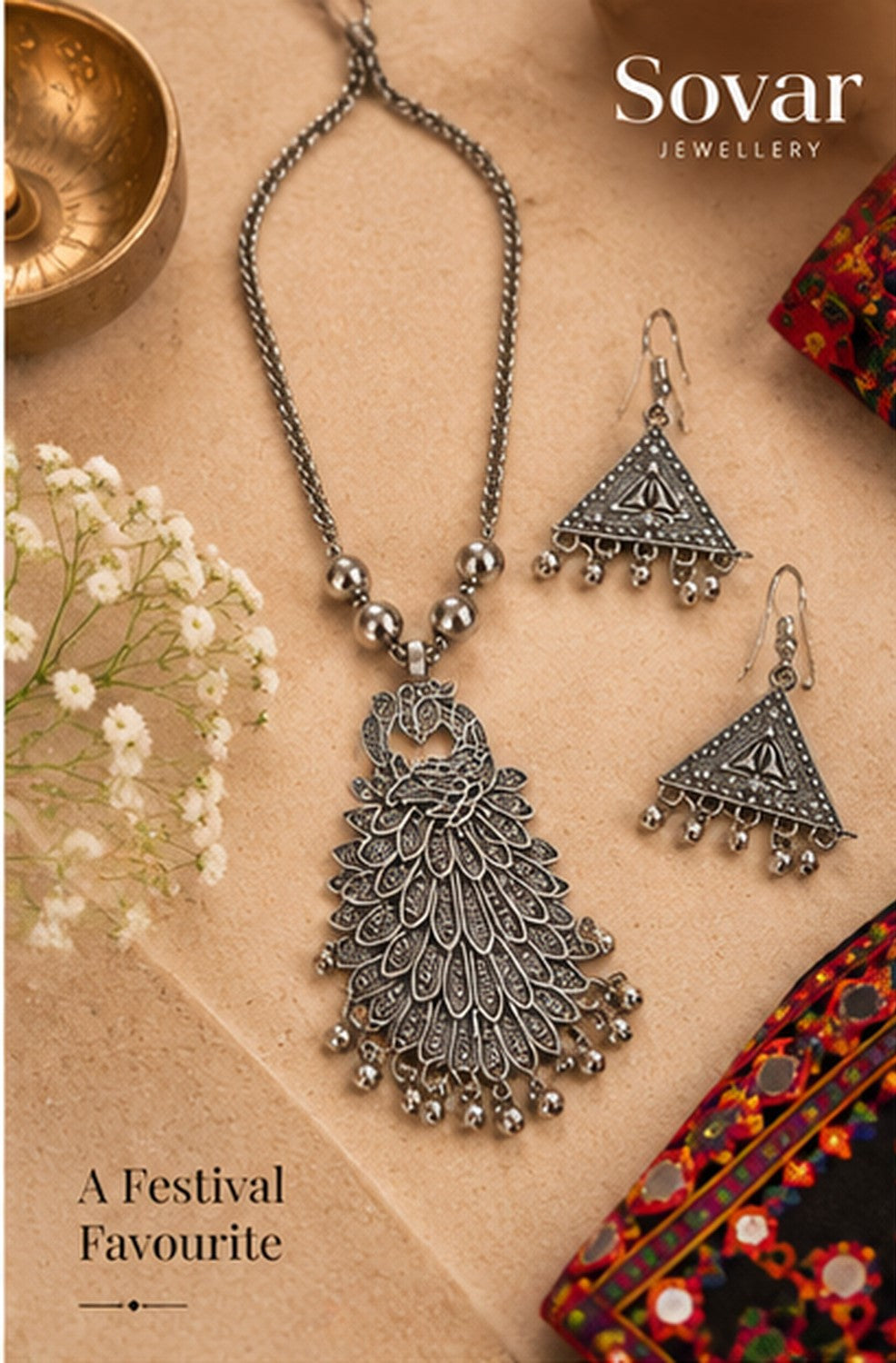Sovar Oxidised Silver Peacock Necklace & Earrings Set for Women