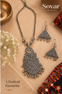 Sovar Oxidised Silver Peacock Necklace & Earrings Set for Women