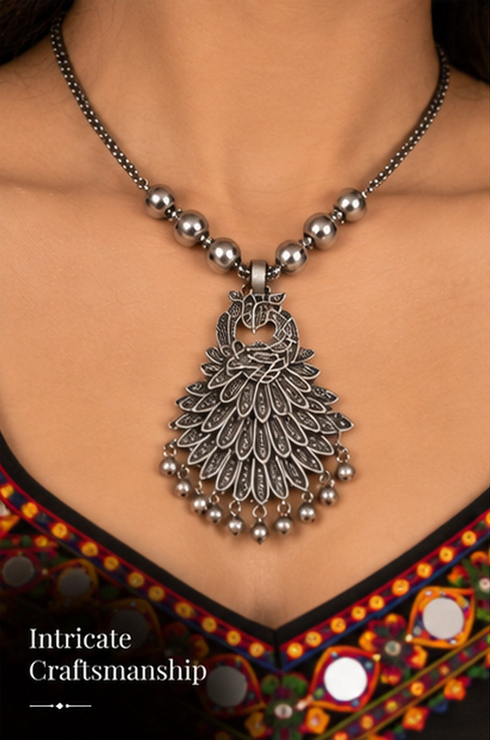 Sovar Oxidised Silver Peacock Necklace & Earrings Set for Women