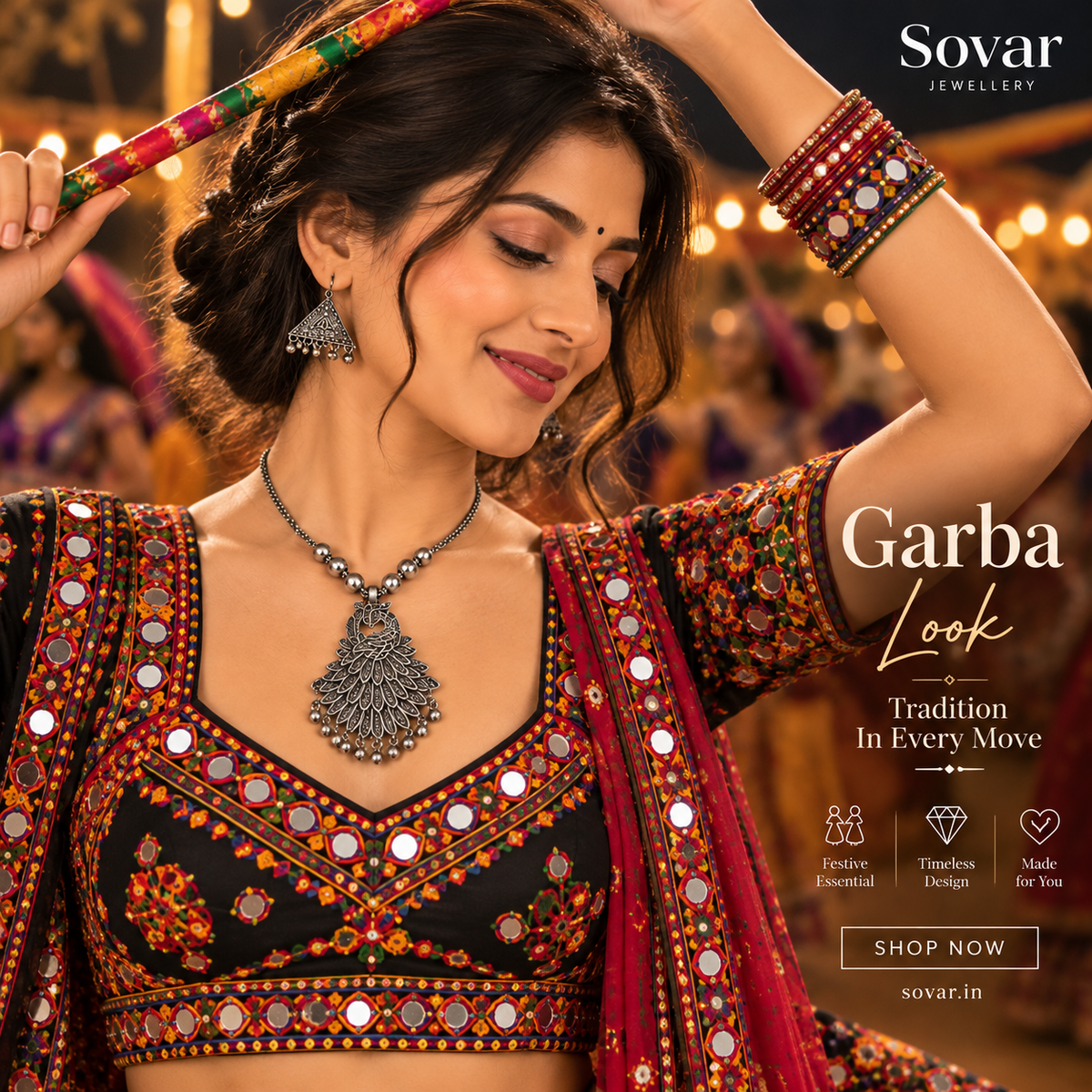 Sovar Oxidised Silver Peacock Necklace & Earrings Set for Women