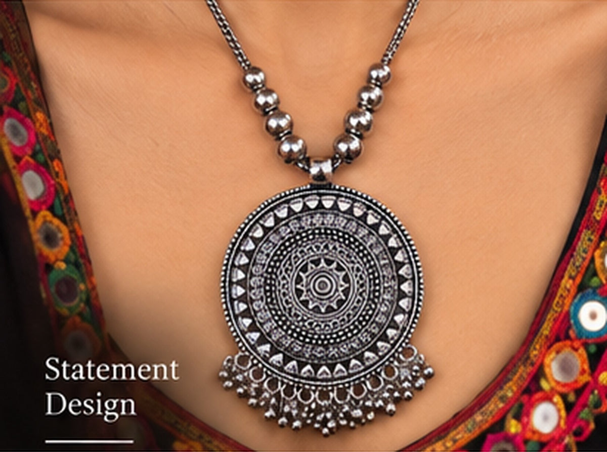 SOVAR Tribal Mandala Antique Oxidised Necklace & Earrings Set