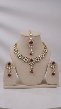 Green & Ruby Kundan Necklace Set with Maang Tikka & Earrings