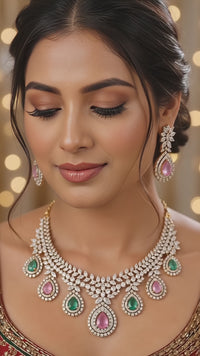 Emerald & Blush Pink AD Diamond Royale Bloom Necklace Set